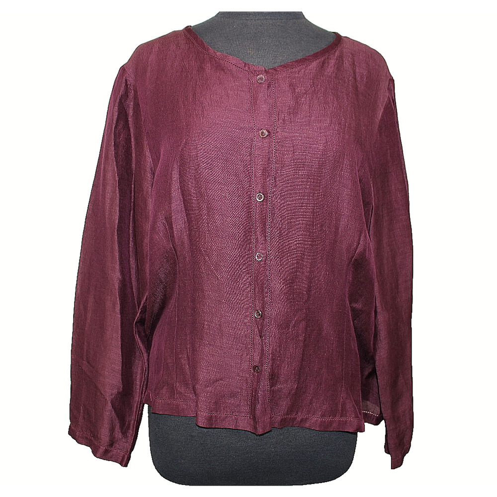 A8 New EILEEN FISHER Silk Linen Button Front Burgundy Long Sleeve Blouse Top XL